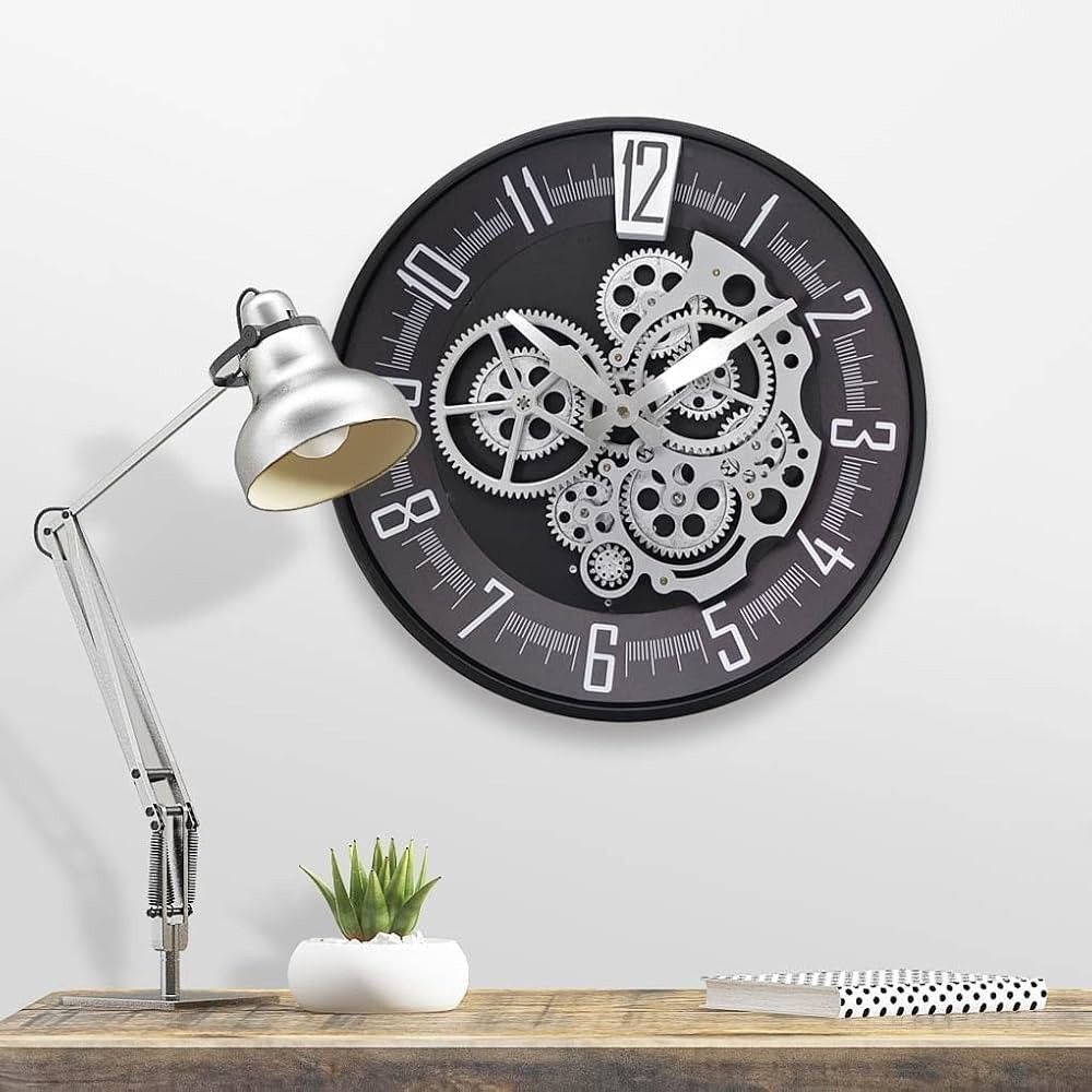 16” Industrial Steampunk Moving Gear Wall Clock Silent Battery Operated Black